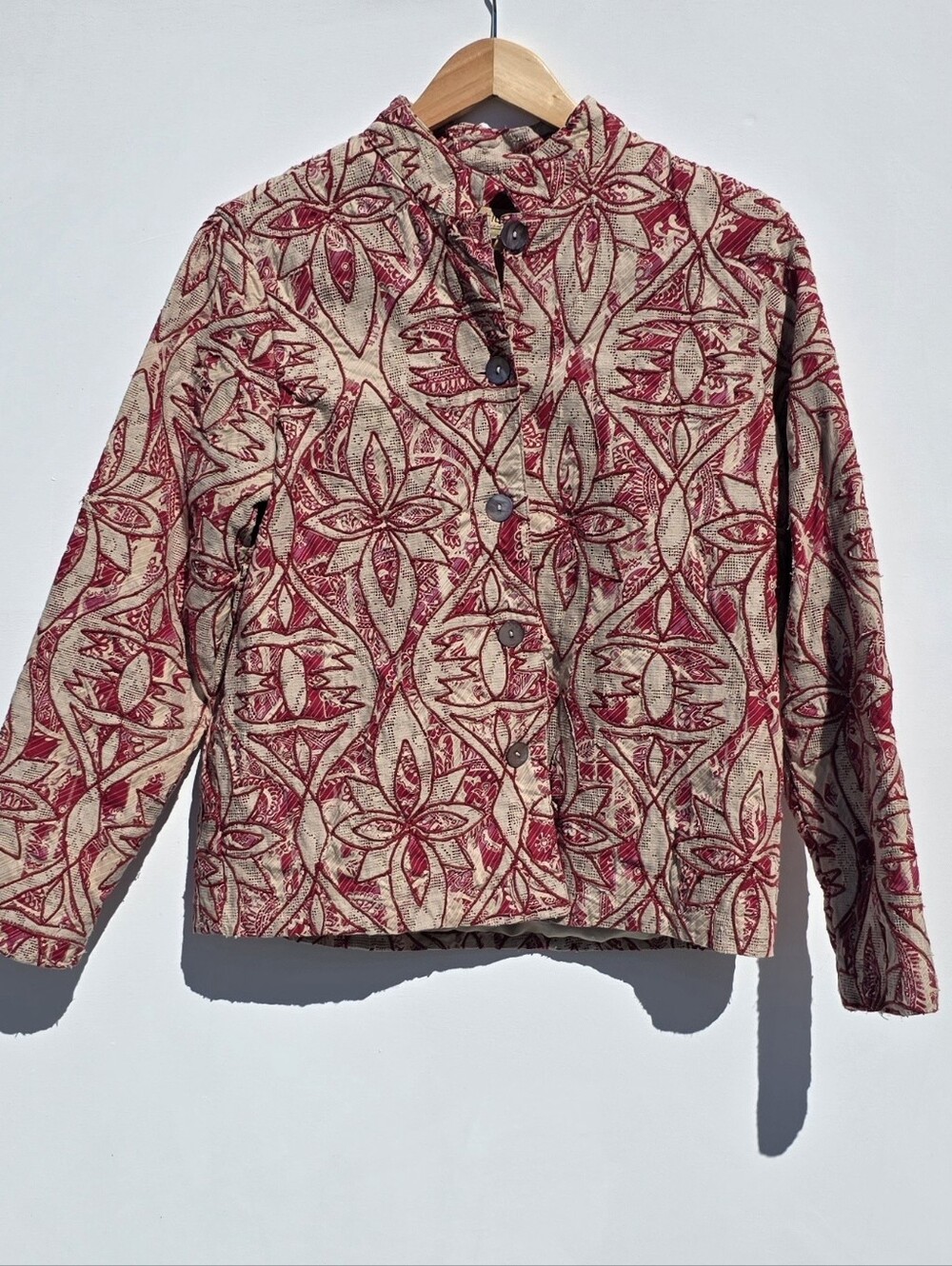 Notations Size S Red and Cream Floral Embroidered Button Jacket